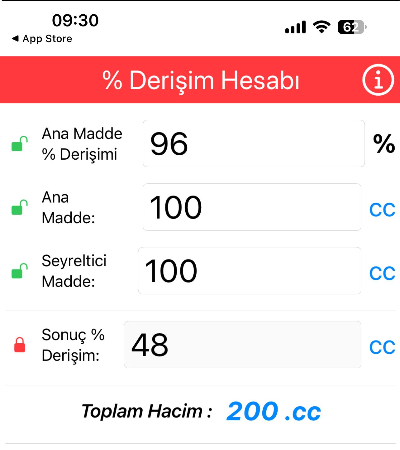 Derişim uygulamasının giriş ve sonuç ekranı