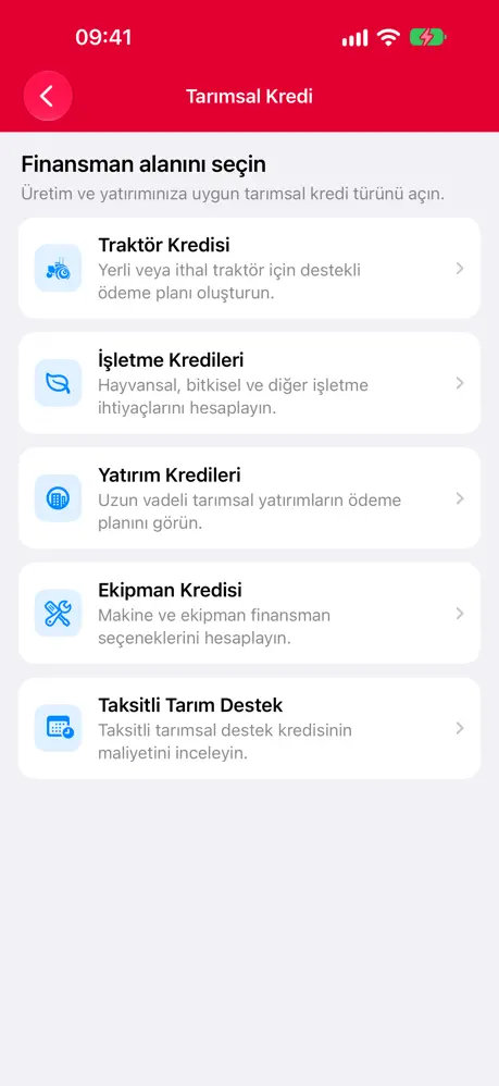 Kredi Taksit Hesapla iOS tarımsal kredi menüsü