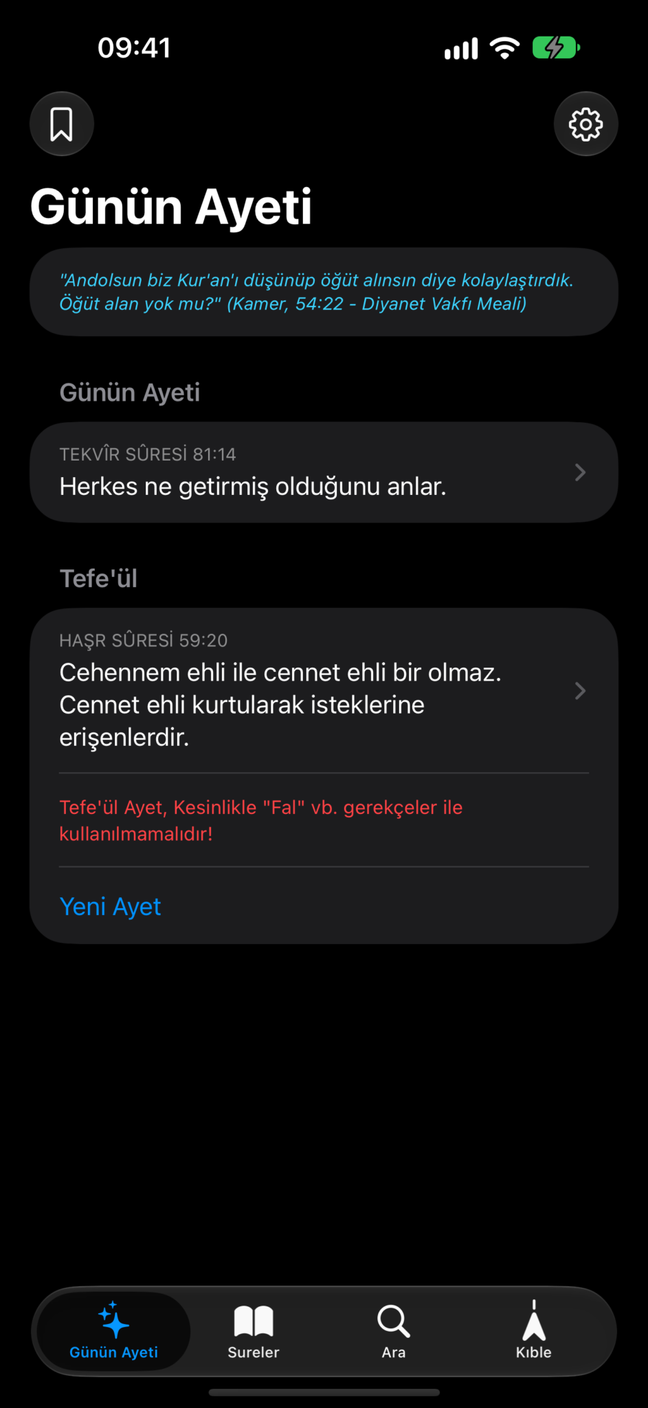 Kuran Meali iOS Günün Ayeti ekranı