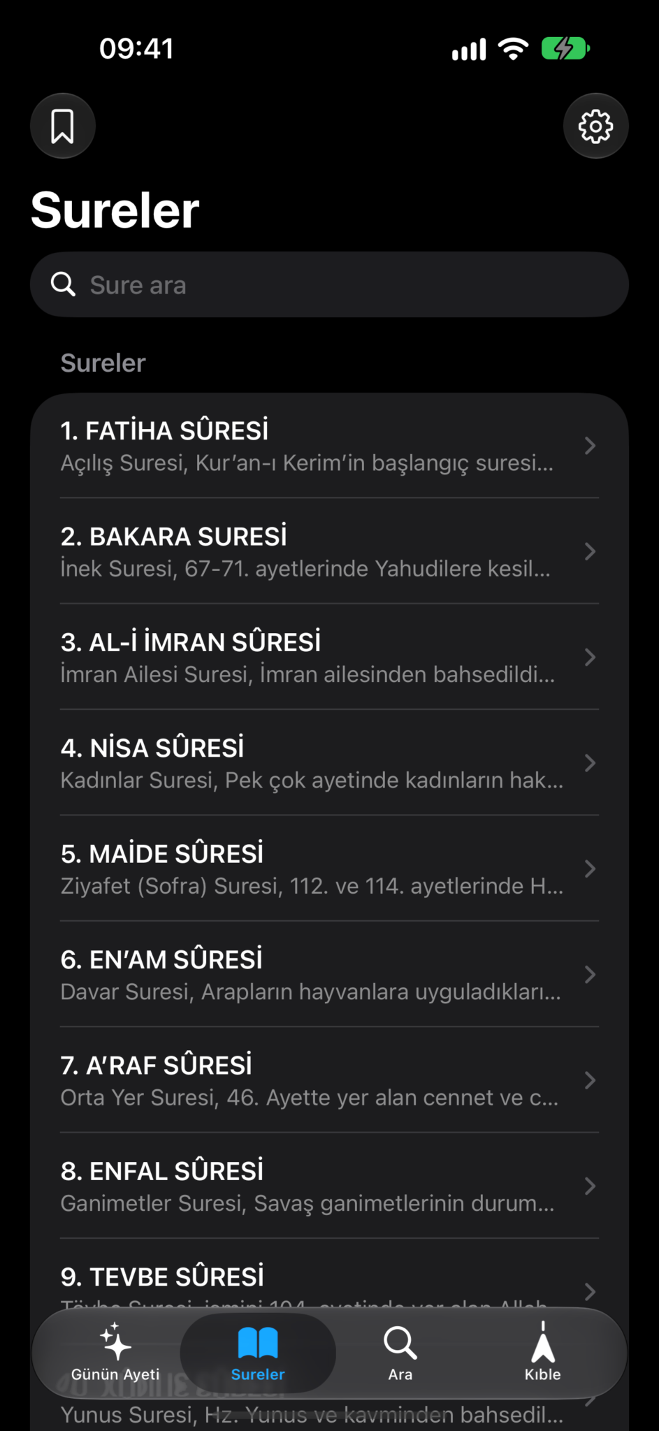 Kuran Meali iOS Sureler ekranı