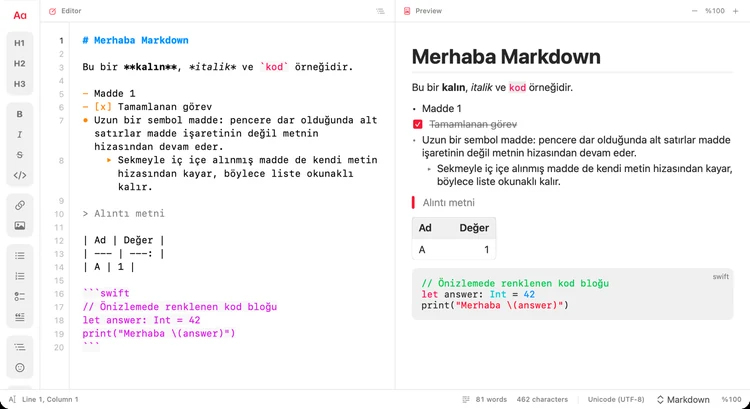 Scriva’da açık temada canlı önizlemeli Markdown düzenleme