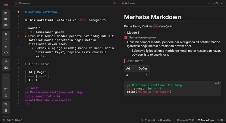 Scriva’da koyu temada canlı önizlemeli Markdown düzenleme