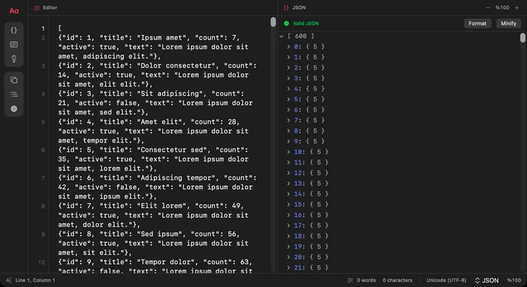 JSON düzenleme, ağaç görünümü ve doğrulama