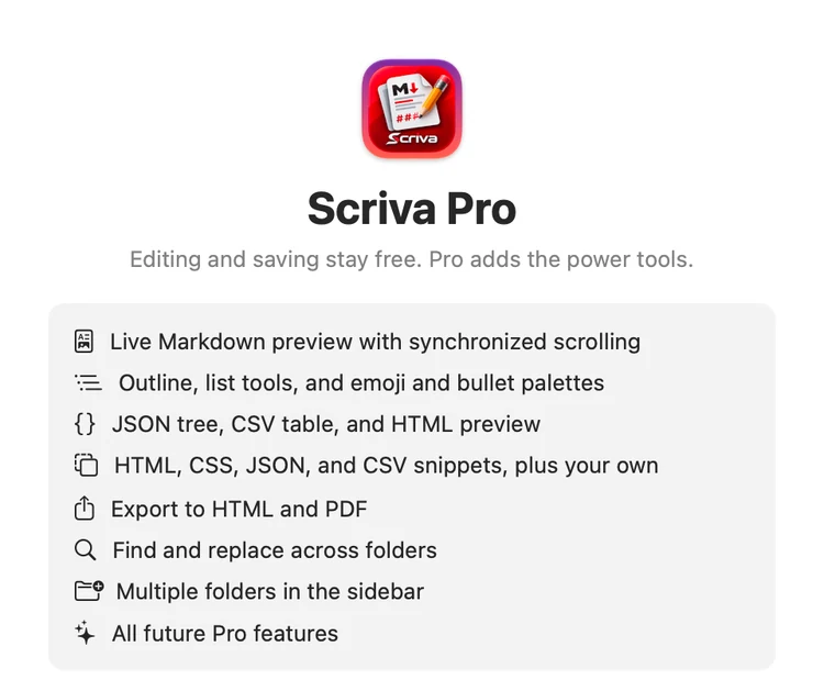 Scriva Pro features in English