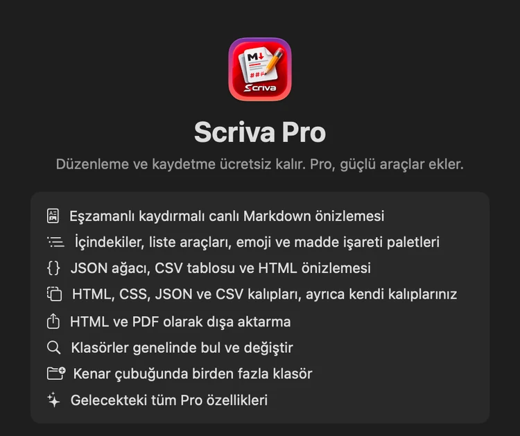Scriva Pro özellikleri, Türkçe